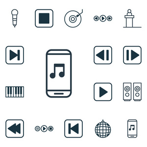 16 多媒体图标集。包括首歌 Ui 音箱 运行的歌回来和其他符号。漂亮的设计元素