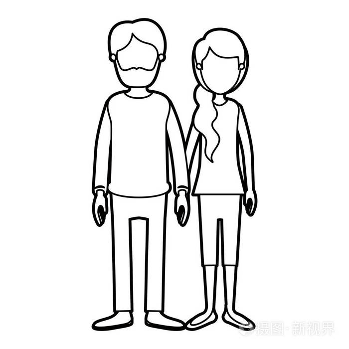 黑色厚轮廓漫画不露面全身夫妇女人与马尾辫侧头发和休闲服装的人