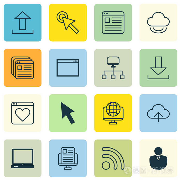 16 在线连接图标集.包括计算机网络, 无线网络, 本地连接和其他符号.