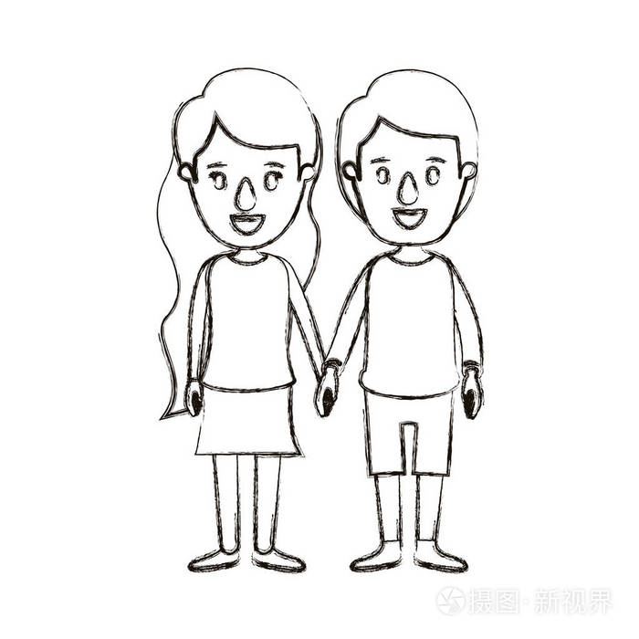 模糊的轮廓漫画全身夫妇在休闲服装