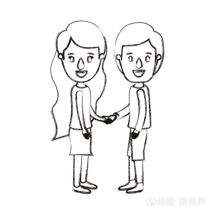 模糊的轮廓漫画全身夫妇在休闲服装的握手