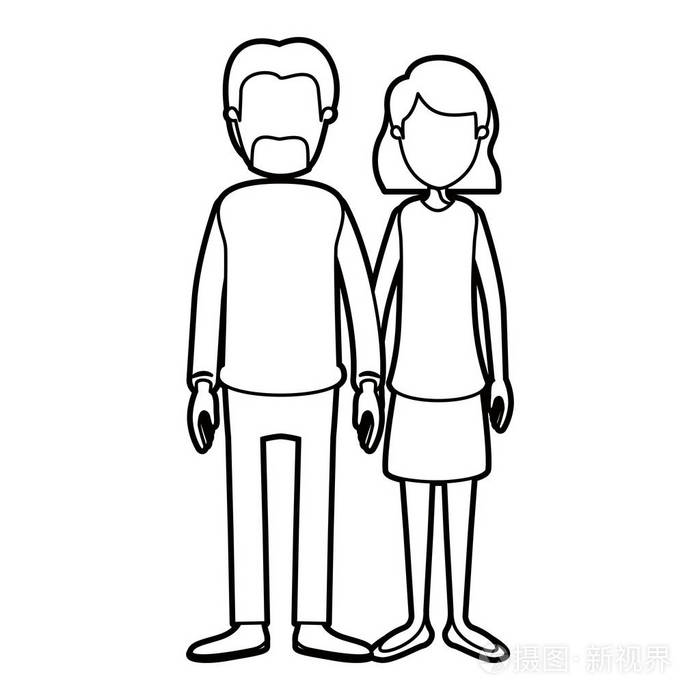 黑色厚轮廓漫画不露面全身夫妇女人穿裙子短卷发与休闲服装的人