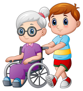 夫人男孩卡通男孩和祖母在轮椅照片