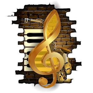 旧砖墙上的金色高音谱号照片