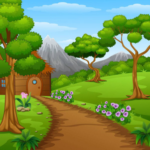 卡通木树林中的小屋照片