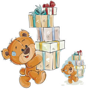 一个棕色的玩具熊的矢量图进行堆叠的礼物盒
