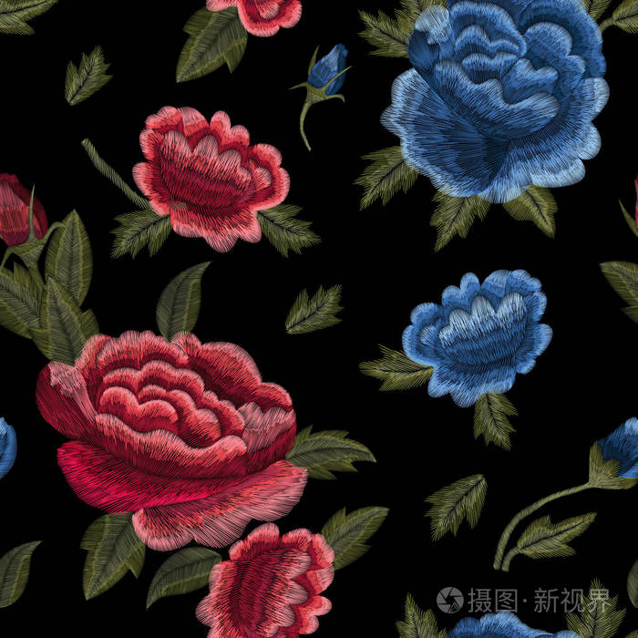 多彩的刺绣.用玫瑰, 民族领口花朵图案.矢量传统传统花在黑色背景上.