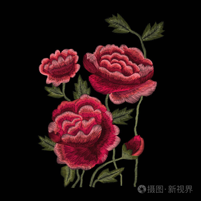 多彩的刺绣.用玫瑰, 民族领口花朵图案.矢量传统传统花在黑色的背景