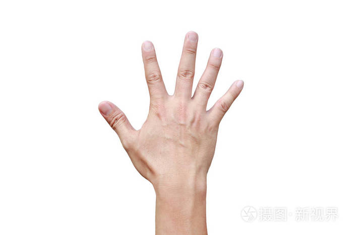 一只手显示信号的纸或白色背景第五号