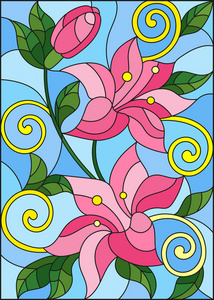 在花和叶的百合在蓝色背景上的彩绘玻璃风格的插图