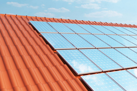 3d 图太阳能电池板上红色的屋顶，反映万里无云的蓝天。能源和电力。替代能源 生态或绿色的发电机。电力，生态学，技术电