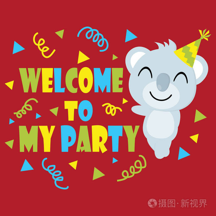 红色背景上可爱的考拉微笑矢量卡通, 生日明信片, 壁纸和贺卡