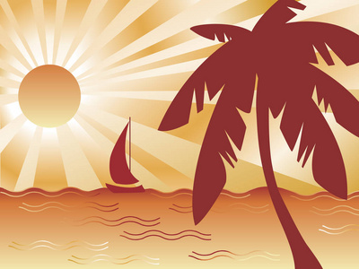 热带景观，烈日下，海边，帆船，棕榈树