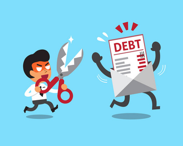 卡通商人拿着剪刀来削减债务信照片