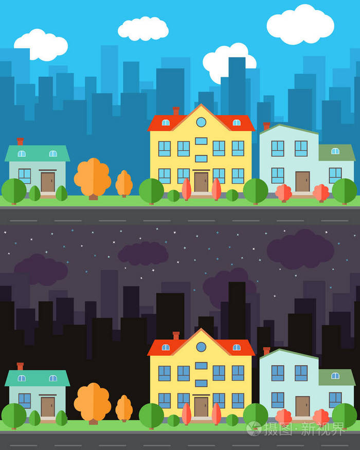 矢量城市与一个和两个故事卡通房屋在白天和黑夜