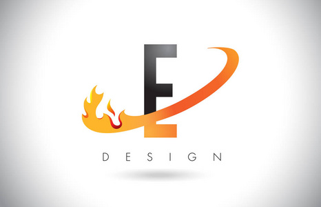 E 字母标志用火火焰设计和橙色旋风
