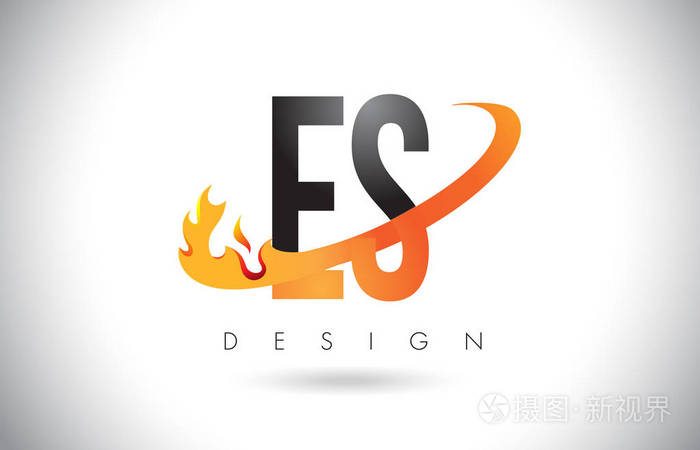 Es E S 字母标志用火火焰设计和橙色旋风