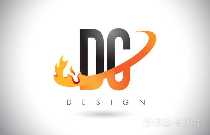 直流 D C 字母标志用火火焰设计和橙色旋风
