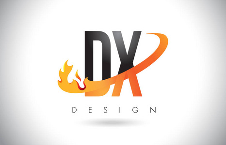 Dx D X 字母标志用火火焰设计和橙色旋风