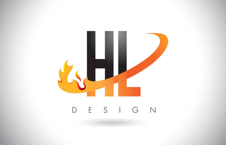 Hl H L 字母标志用火火焰设计和橙色旋风