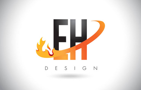 Eh E H 字母标识用火火焰设计和橙色旋风