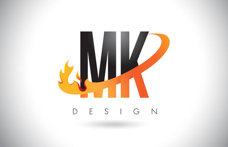 Mk M K 字母标志用火火焰设计和橙色旋风