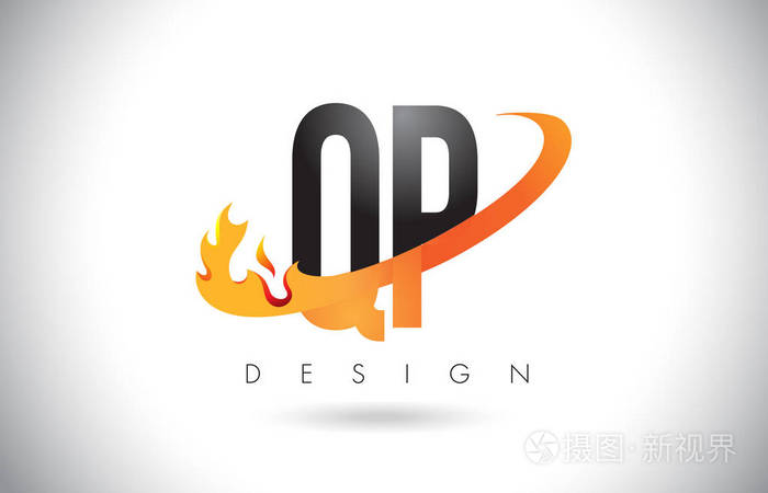 Qp Q P 字母标志用火火焰设计和橙色旋风