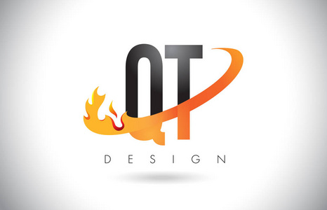 Qt 离散度 Q T 字母标志用火火焰设计和橙色旋风
