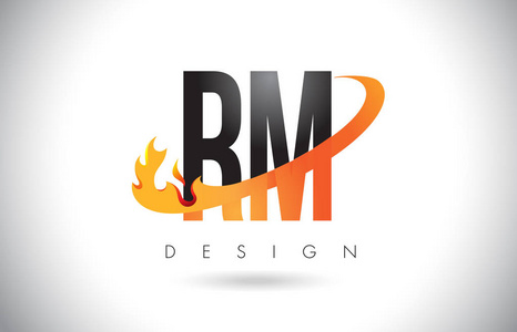 Rm R M 字母标志用火火焰设计和橙色旋风