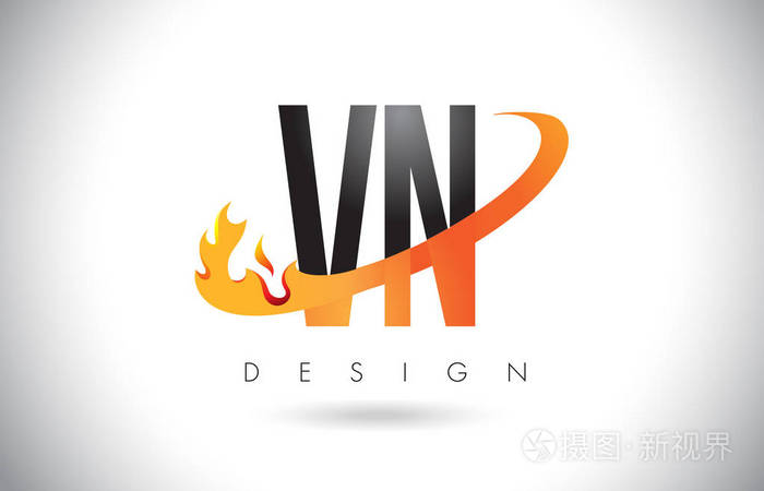 Vn V N 字母标志用火火焰设计和橙色旋风