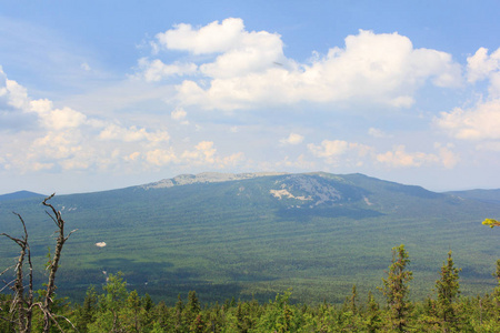 山脉和峭壁，南乌拉尔的全景。在山的夏天。查看从山上。乌拉尔山脉南部的性质。旅行。山脉