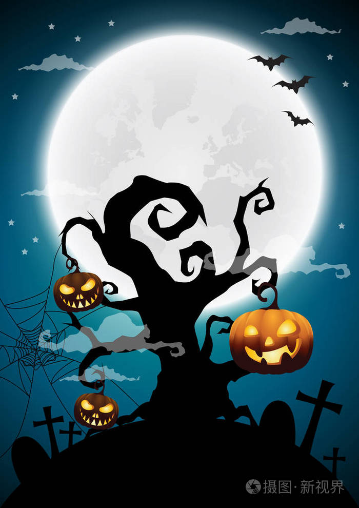 万圣节夜背景, 枯树和满月.矢量图