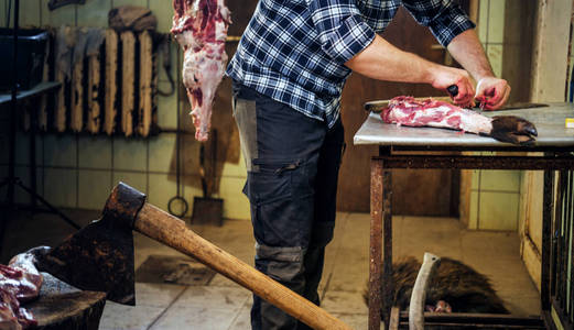 stilysh 图的矢量集屠宰猪胴体计划牛胴体切割肉类包装厂背景下的猪肉