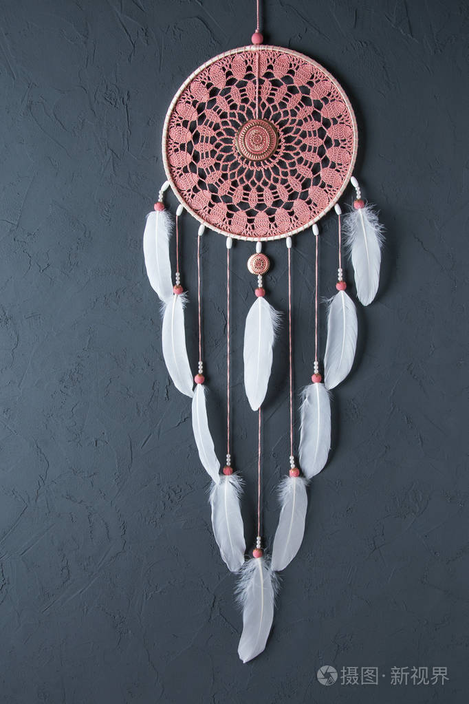 粉红灰钩针桌巾捕梦网