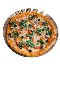 意大利比萨饼切萨雷  欧芹和胡椒蘑菇。一系列不同类型的比萨饼的菜单从一个角度