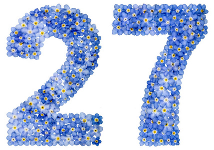 阿拉伯数字 27,二十七个,从蓝色勿忘我花照片