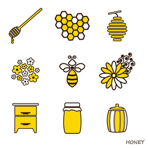 亲爱的图标集。线平幻想的蜜蜂 蜂蜜 养蜂场