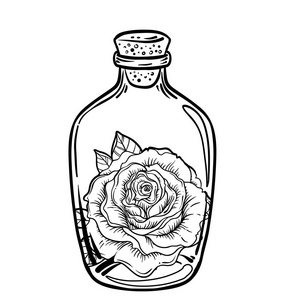 Blackwork 纹身闪存。玫瑰花朵在瓶内。高度详细