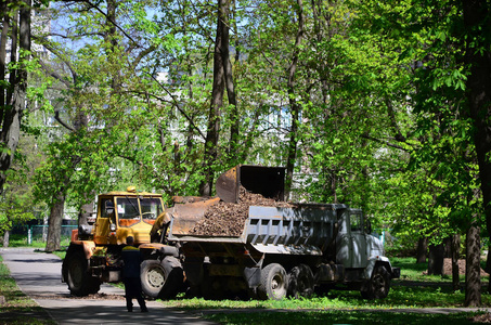 城市改善小组用挖掘机和卡车移除公园里的落叶。 改善公共娱乐场所的定期季节性工作