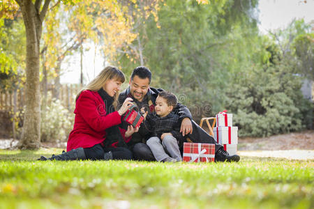 混血家庭一起在公园里享受圣诞礼物
