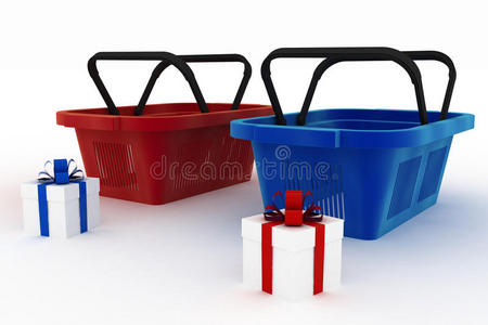 空的红蓝相间的塑料购物篮，里面装着成箱的礼物