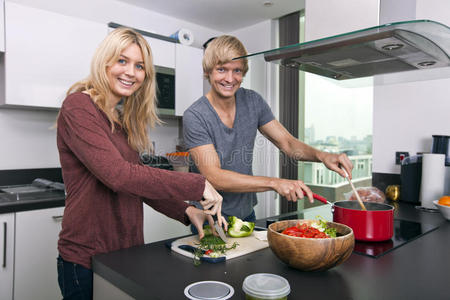 高加索夫妇在厨房一起做饭的画像