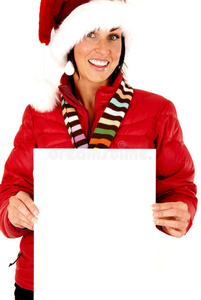 女模特头戴圣诞帽手拿空白牌子图片