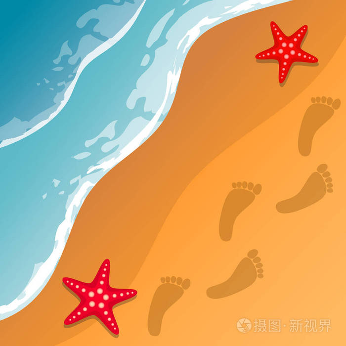 海滩背景海岸海浪和沙子海星在沙滩上的脚步痕迹向量