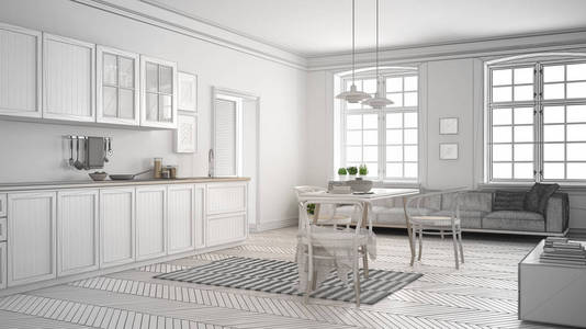 未完成的项目的极简主义白色的厨房，素描抽象