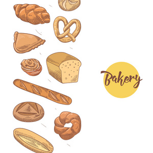 面包店手绘背景与不同的新鲜面包和面包。矢量图