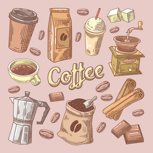 咖啡手绘涂鸦豆 糖和巧克力。矢量图