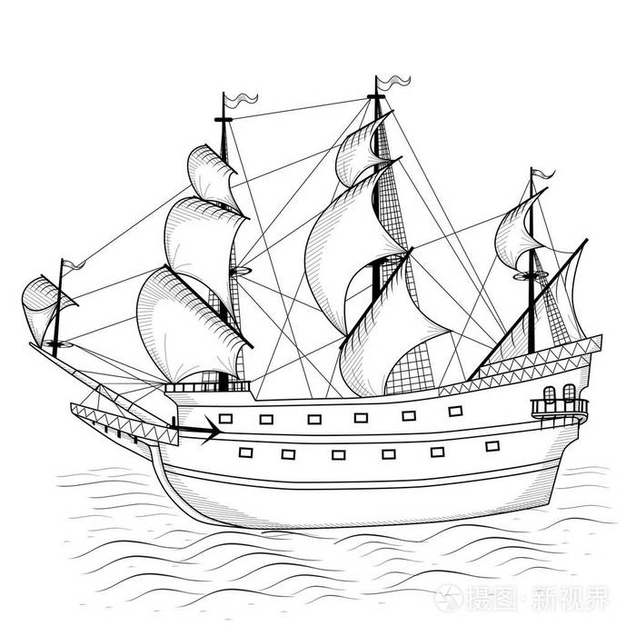 老式船与帆和反射插画-正版商用图片0yji1d-摄图新视界
