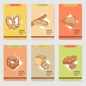 面包店手绘宣传册卡设计模板与新鲜的面包和馒头。矢量复古插画