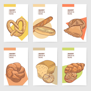面包店手绘宣传册卡设计模板与新鲜的面包和馒头。矢量图